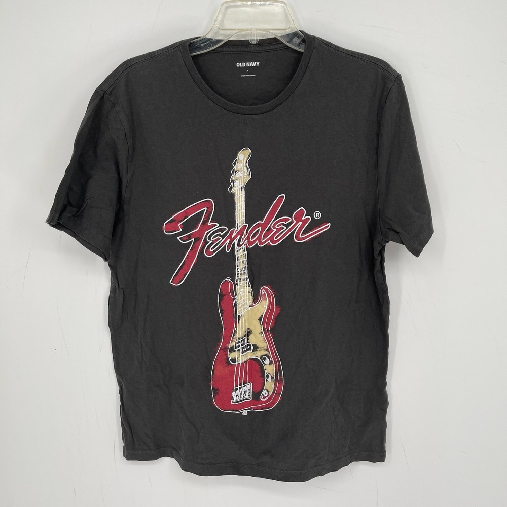 Old Navy Men's Black Fender Guitar Graphic Crewneck Rock Band Tee T-Shirt Size L